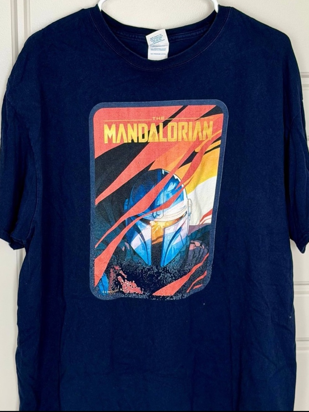 Star Wars The Mandalorian Helmet Graphic T-Shirt - Navy Blue with Orange Accents